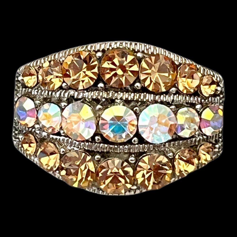 Vintage 1980s AB Crystal Ring Silver Tone Adjustable Mid Century Revival - 5H